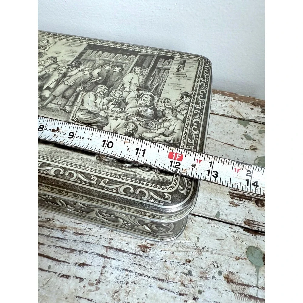 Vintage‎ Teniers 3D Embossed Belgium Tin – 1950s Silvertone Hinged Cookie Box